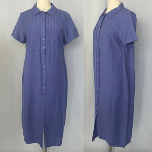 Vintage Shirt Dress Size 14 Periwinkle Purple Linen Midi Minimal Casual Spring